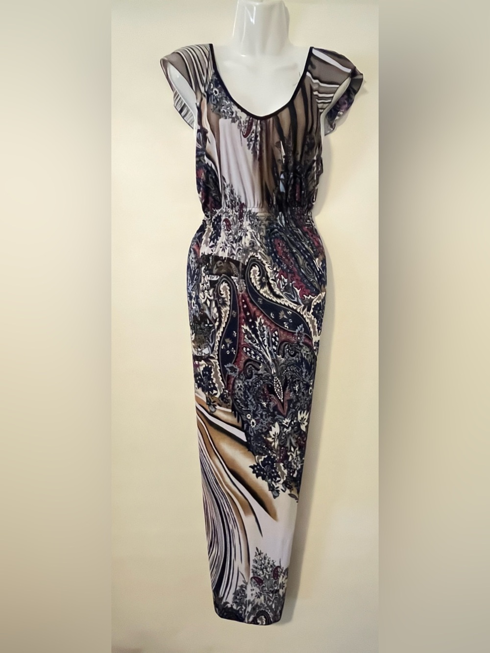 Shui Si Qing Women’s Multicolor Paisley Maxi Dress Size Large Flutter Sleeves - Picture 3 of 7